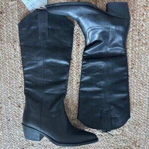 🖤 ZARA Leather Cowboy Knee-High Boots Black Size 39 / US 8 100% Cow Leather 🖤